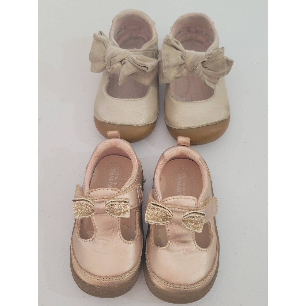Stride Rite Baby Girl Mary Jane Shoes Lot 4 & 4.5 Pink Gold Bow Glitter